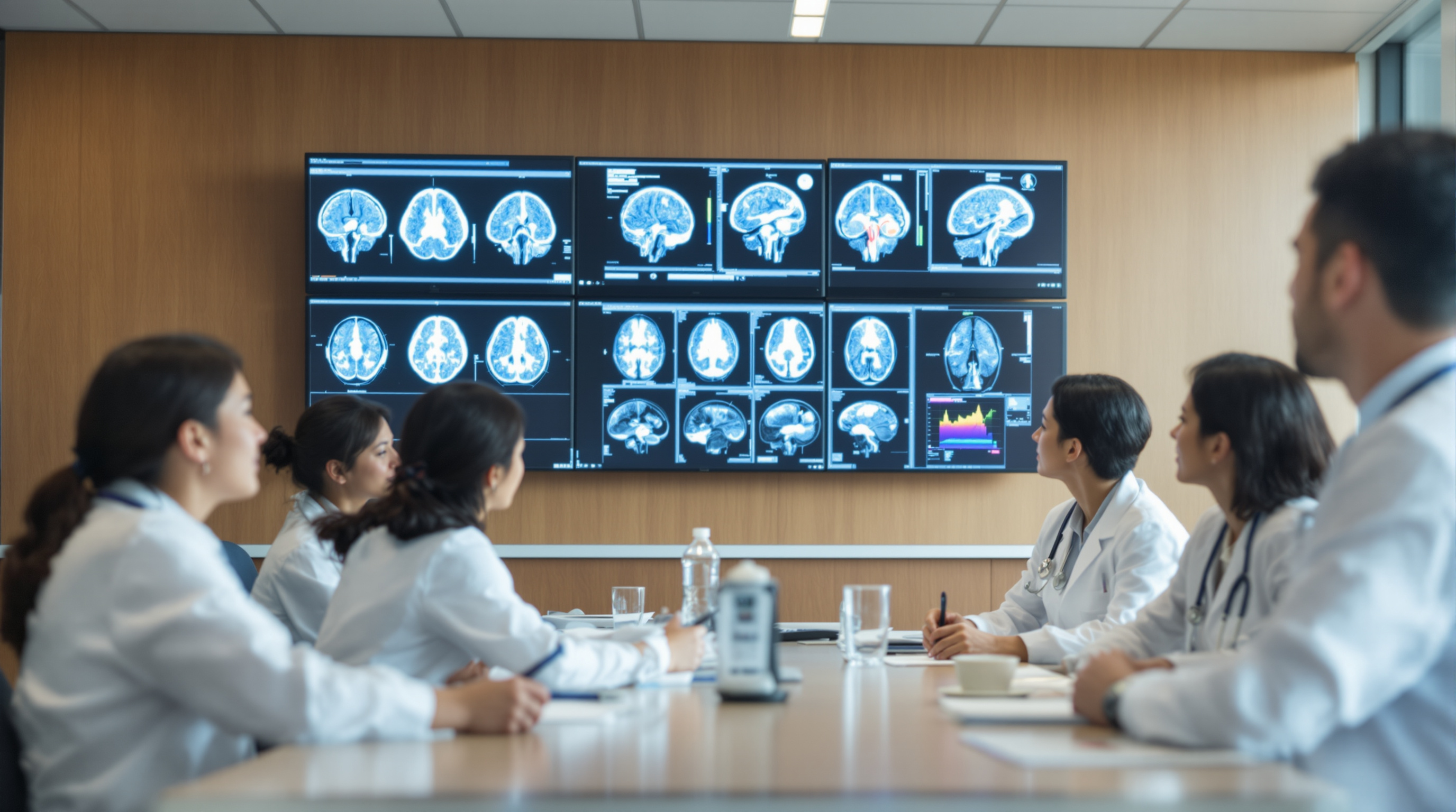 Multidisciplinary medical team reviewing brain scans together