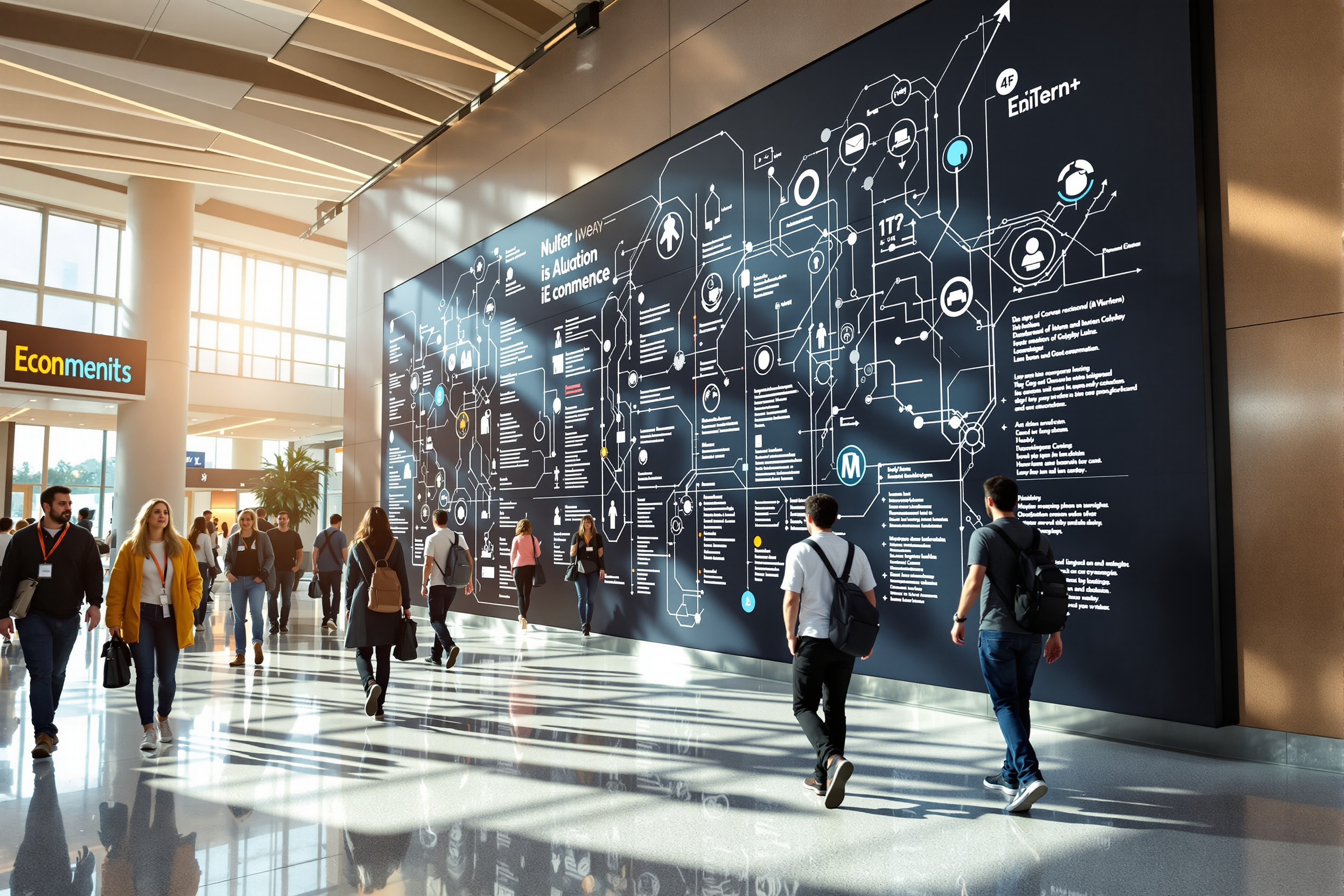 Attendees arriving at a modern scientific conference venue