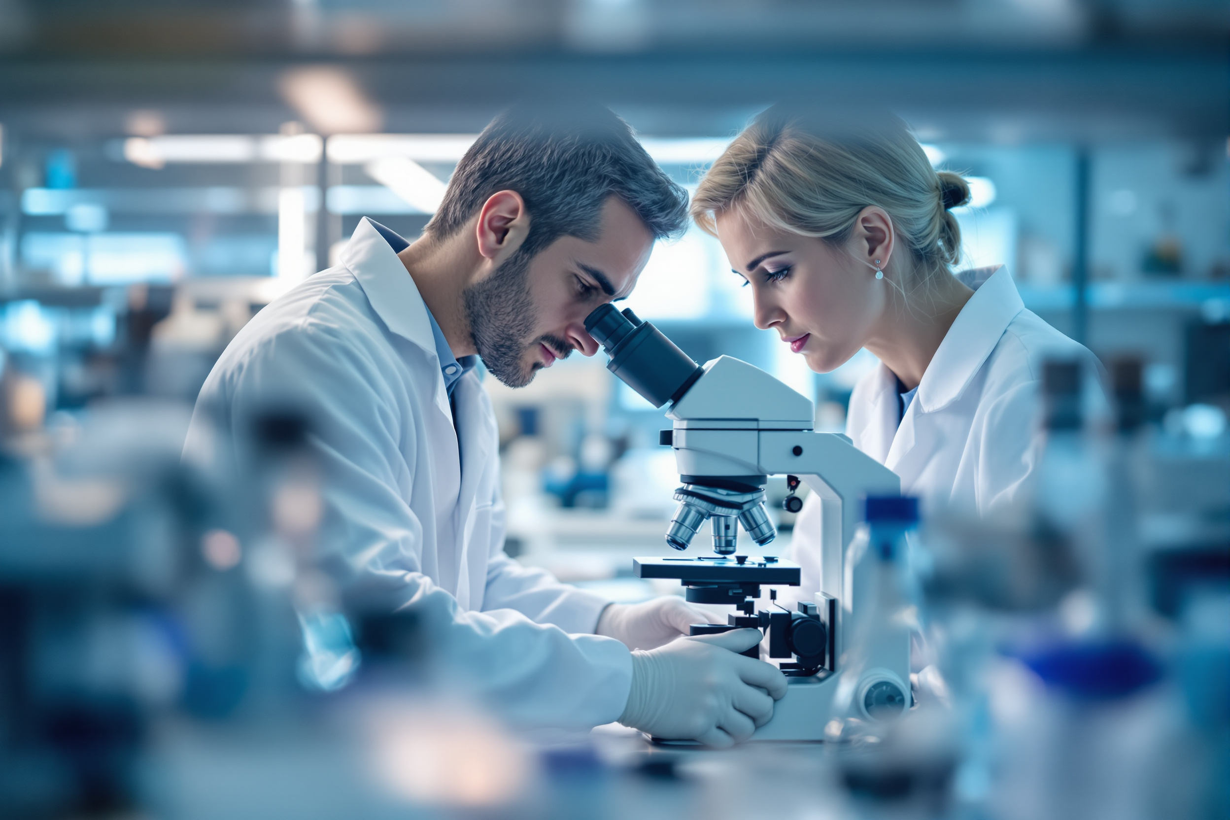 Illustrative image of a researcher at a microscope in a neuropathology laboratory