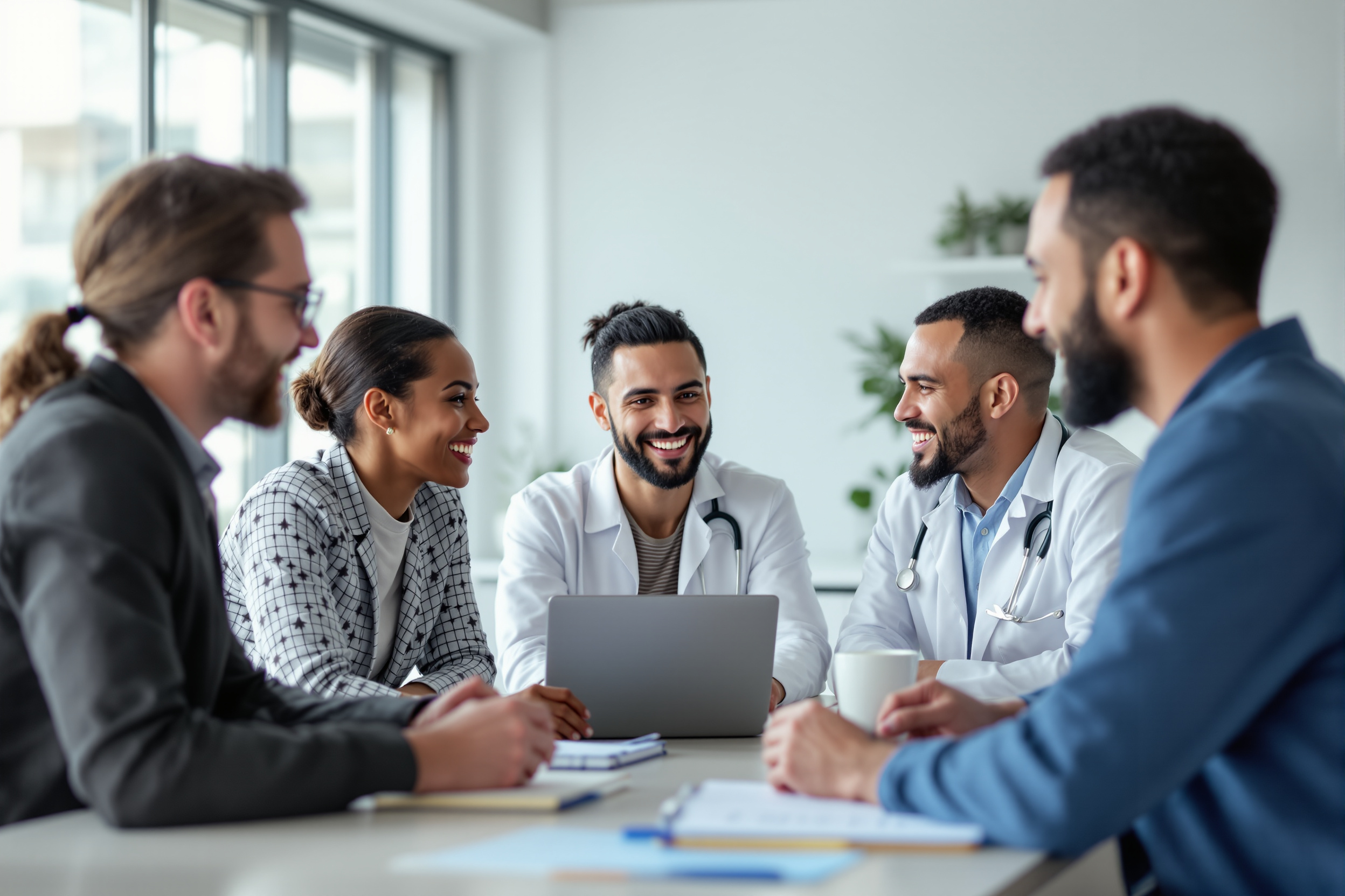 Illustrative image of scientists in discussion at a research meeting