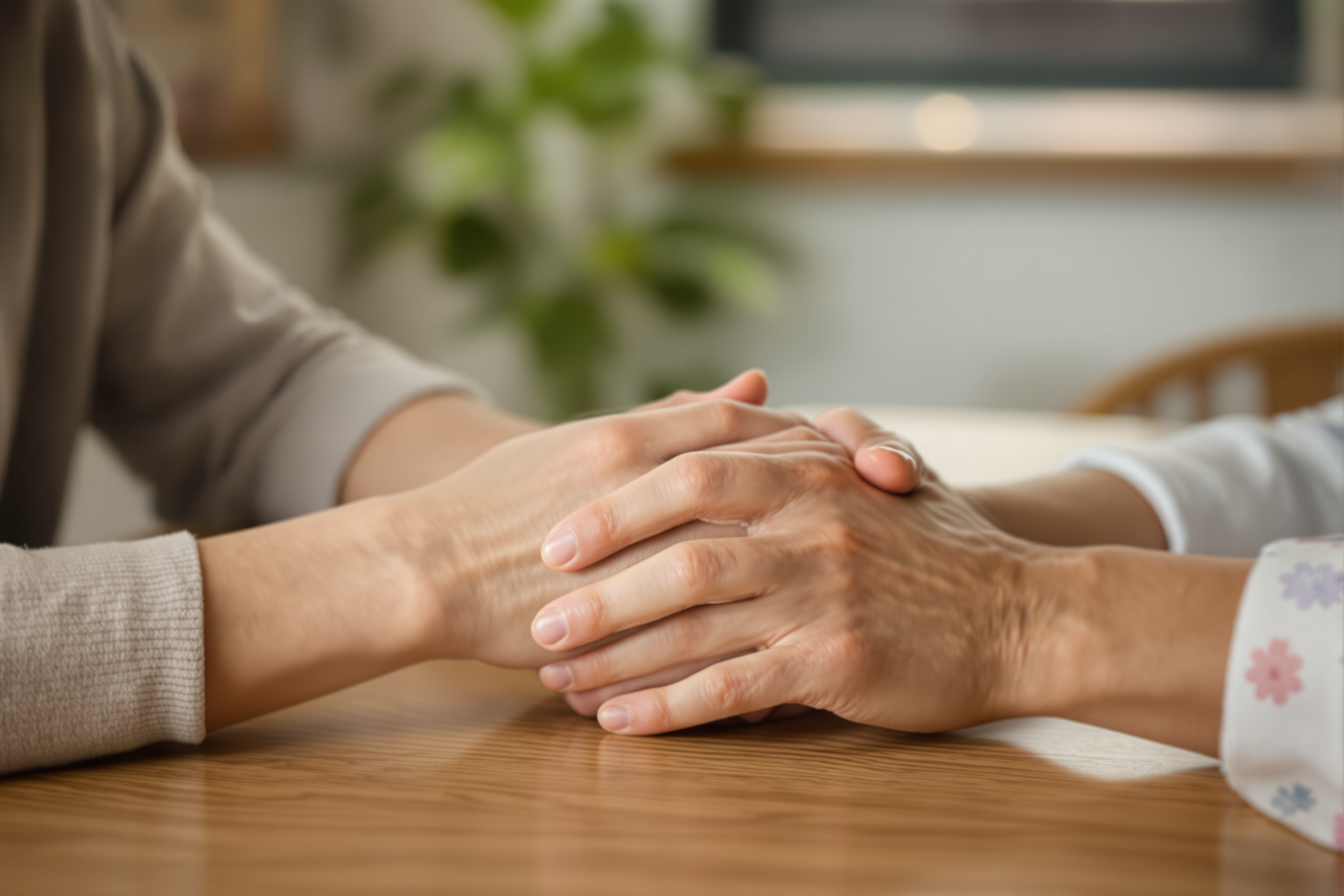 Two people's hands clasped in support, representing brain tumour patient and family care